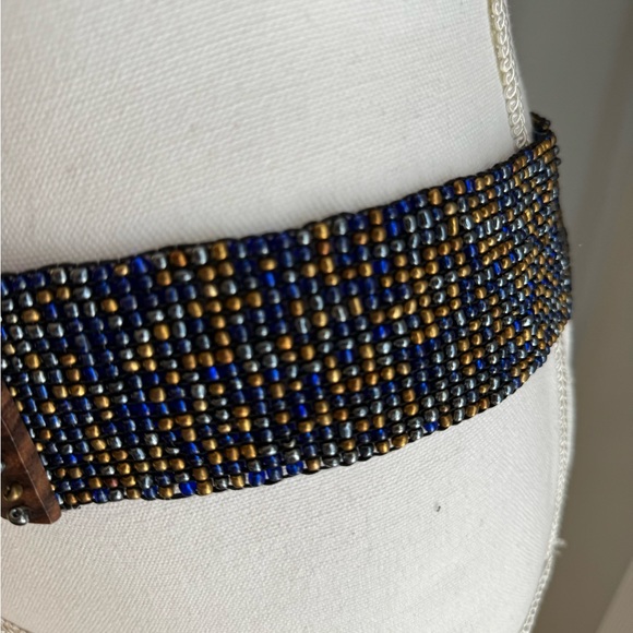 Vintage Beaded Statement Blue/Gold Stretchy Belt with Teak Wooded Buckle - Picture 2 of 8